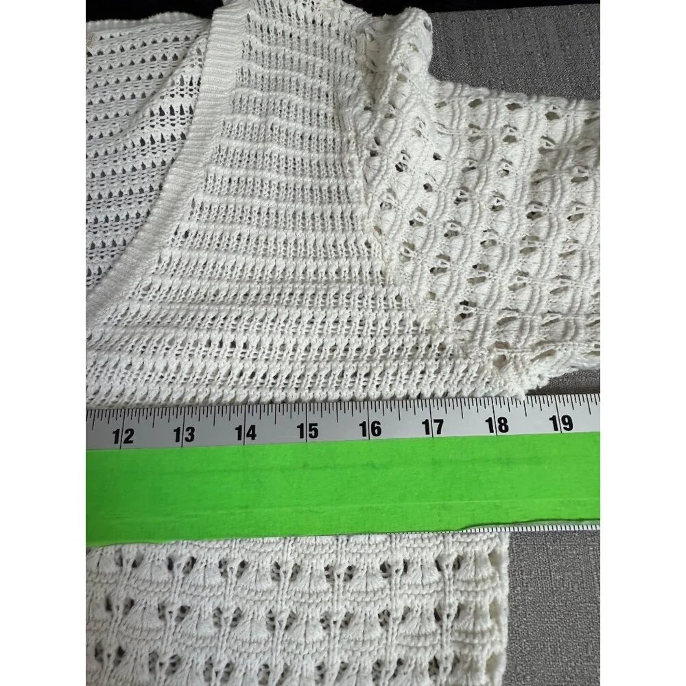 DKNY Women’s Large Cardigan Sweater White Ivory Knit Crochet 3/4 Sleeve cotton